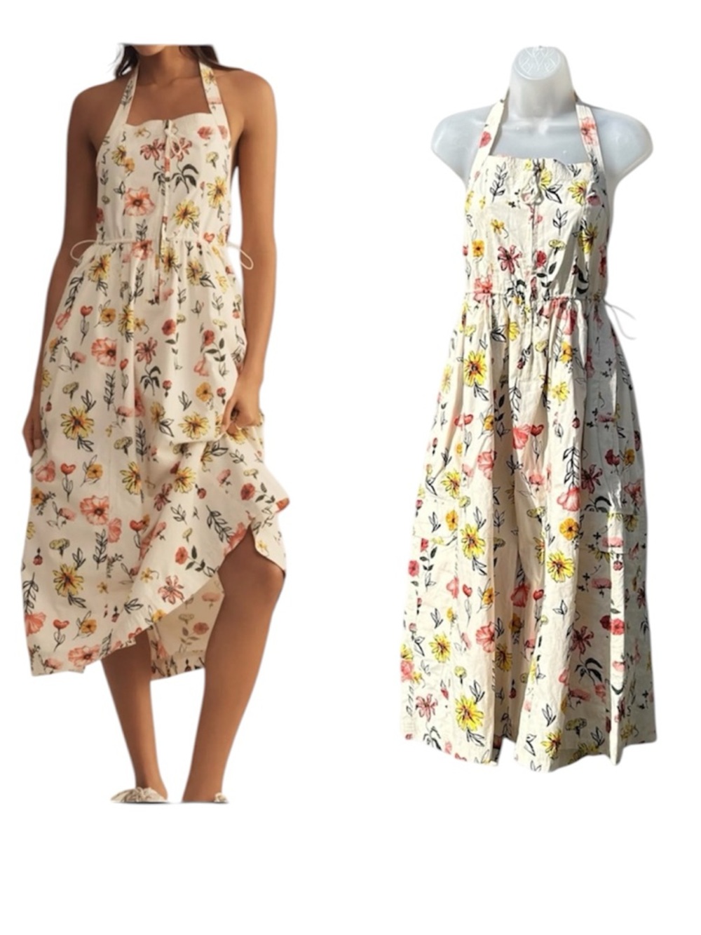 DAILY PRACTICE Anthropologie Women Sz M Relaxed Cream Floral Halter Midi Dress .